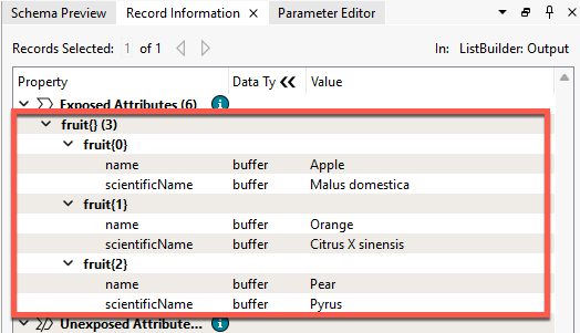 Fruits list in the Feature Information Window